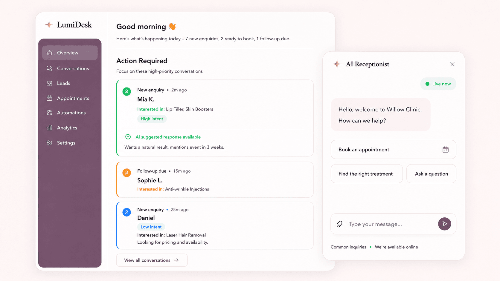 LumiDesk dashboard showing action required leads, conversations, and lead management