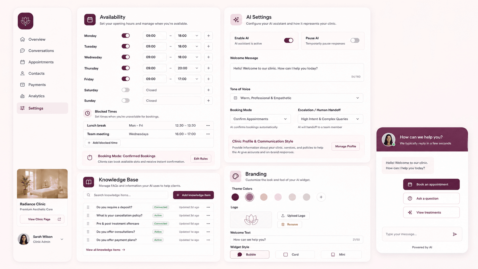 LumiDesk flexible clinic settings showing availability, services and integrations