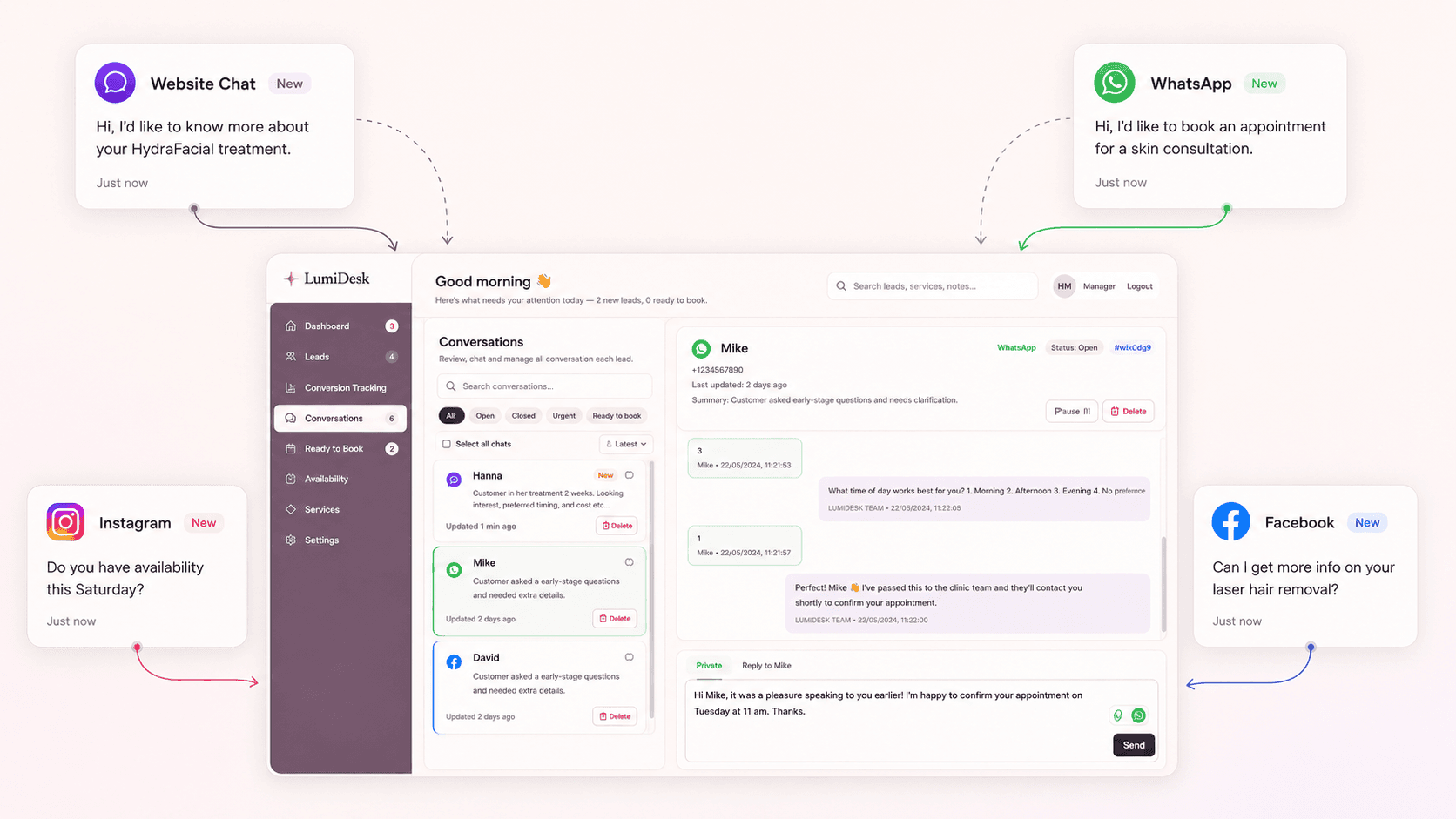 LumiDesk AI receptionist dashboard showing clinic enquiry management